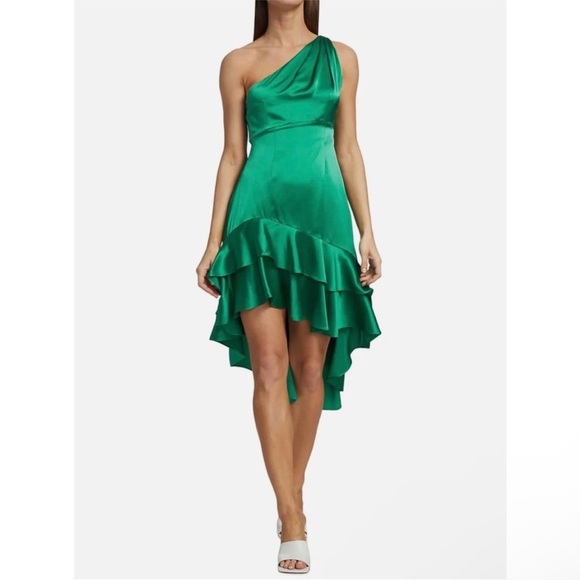 CINQ A SEPT 100% silk shell one shoulder high low dress in jade - Picture 1 of 8